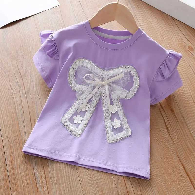 Childrens T-Shirts Lace Bow Lace Short Sleeve Top T Shirt for Kids Girl 2 To 7 Years Kids Clothes for Girls T-shirt T250603