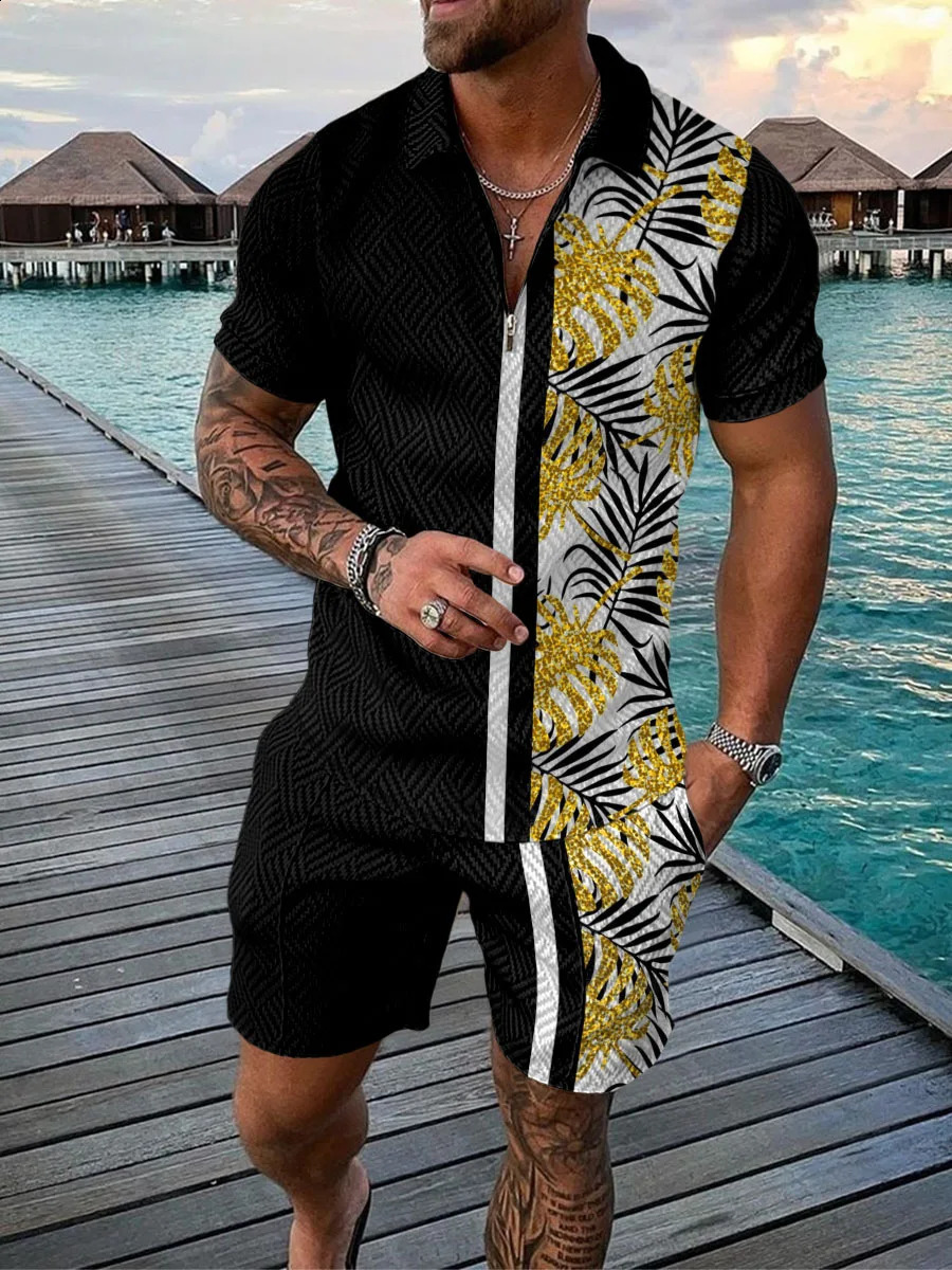 Hawaiian Coconut Tree Print Mens Sets Fashion Zip Polo Short Sleeve Top Shorts Outfit Summer Beach Vacation Oversized Tee Suit 250530