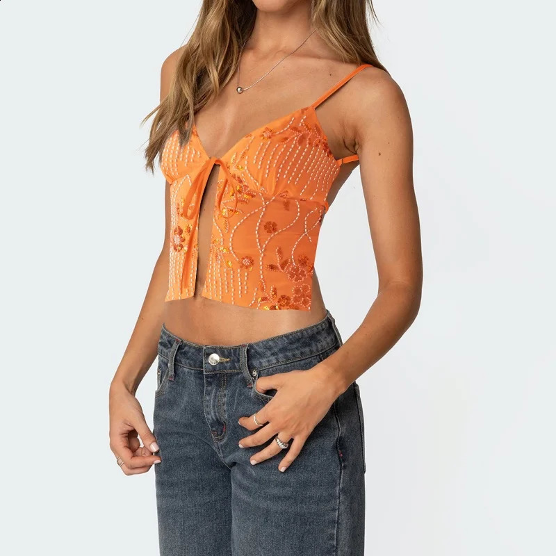 Women Y2K Sequin Cami Top Front Tie Pearl Rhinestone Sleeveless Tank Top Sparkle Glitter Backless Crop Top Party Clubwear 250529