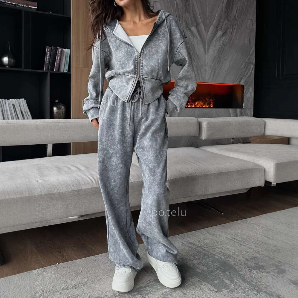Spring New Washed Vintage Women's Fashion Short Hoodie Sweatshirt Casual Long Pants Two-Piece Set For Women B5