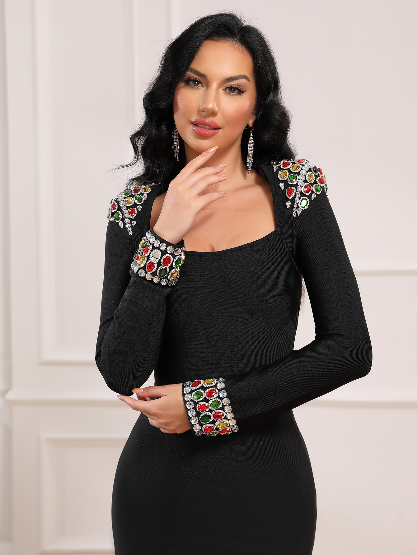 women's wear Spring Autumn Winter Dress with Colorful Diamonds, Long Sleeve Square Neck Bandage Dress, Socialite High Street Party Evening Gown