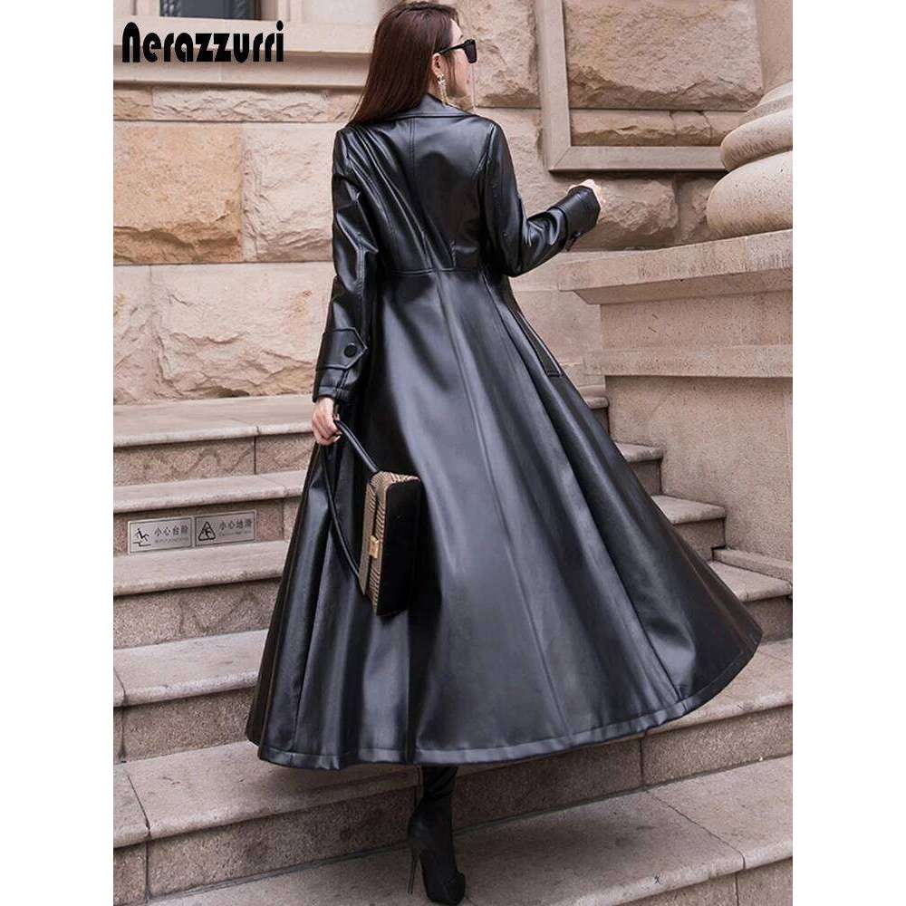 Nerazzurri Maxi fit and flare leather trench coat for 2021 spring Long designer clothing women long sleeve lapel