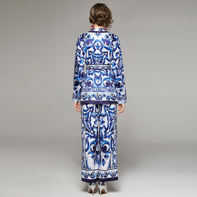Fashion Ethnic Style Printed Suit Collar Shirt Spring Autumn Belted Straight Pants Casual Set240730