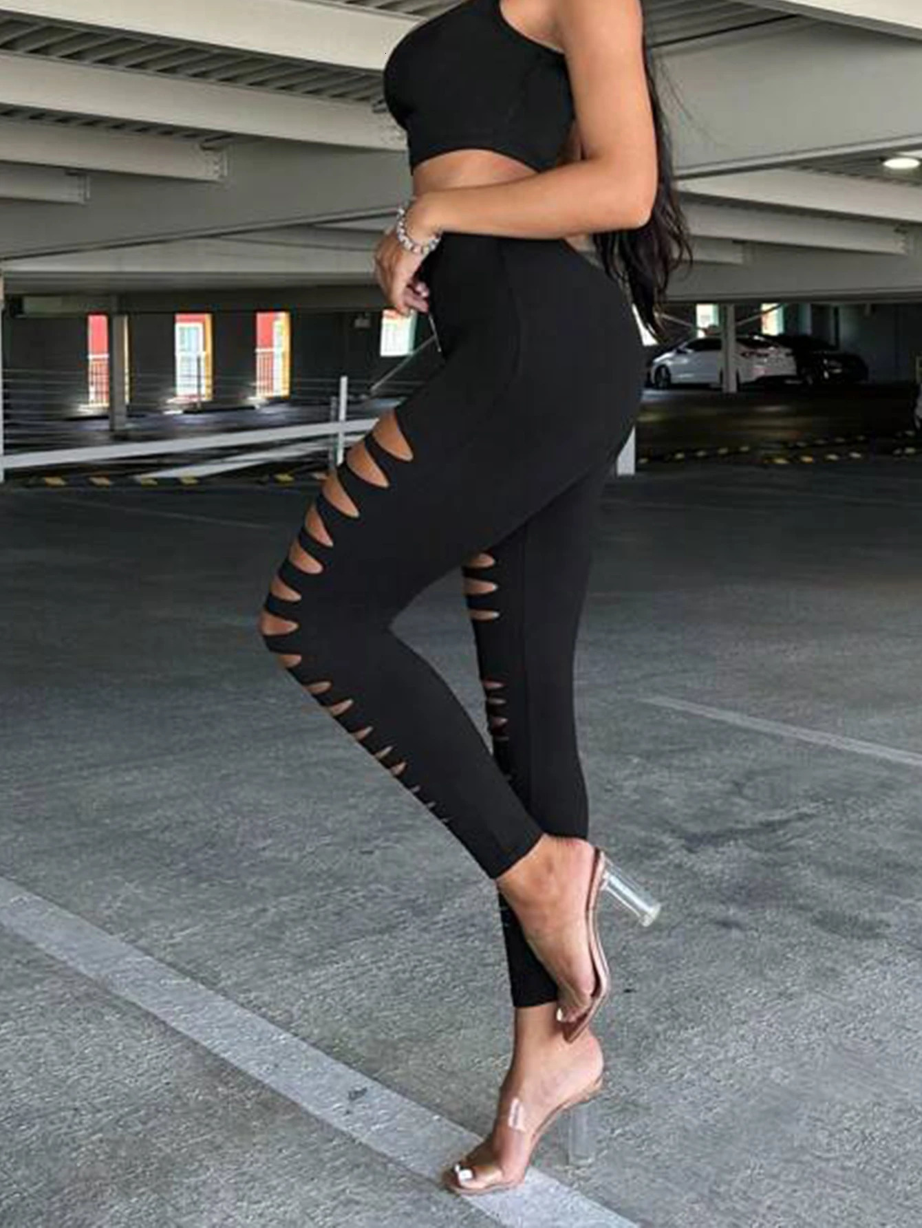European-style Irregular Ripped Leggings Solid Color Circular Zipper Nine-quarter Pants High Stretch Personality Ripped Leggings 250603