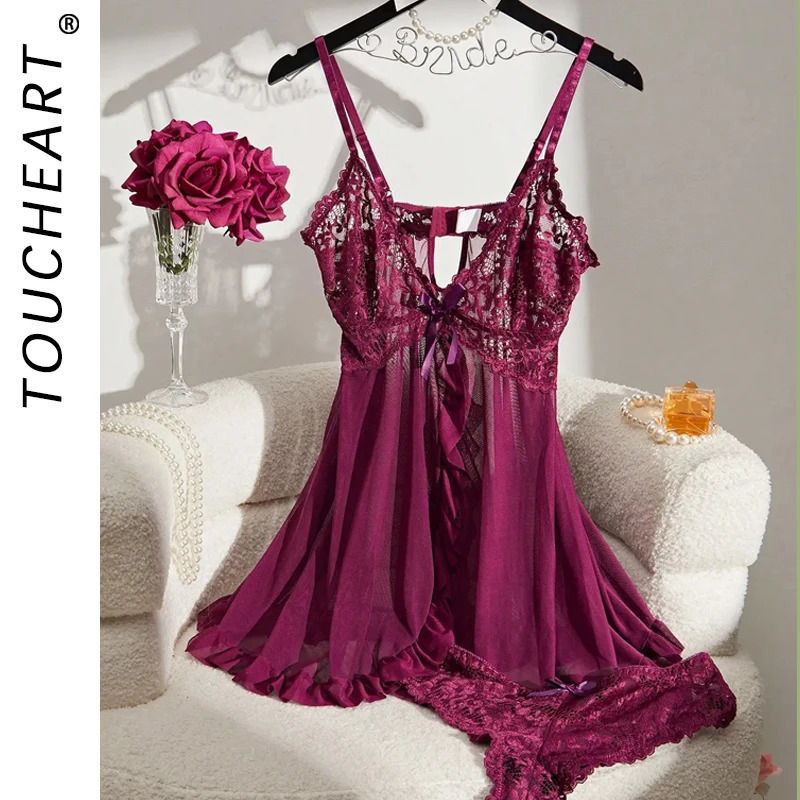 Toucheart Contrast Lace Nightgown Deep V Backless Bow Slip Dress Women Sexy See-Through Slit Lace Pajama 2-Piece Set With Thong 250603