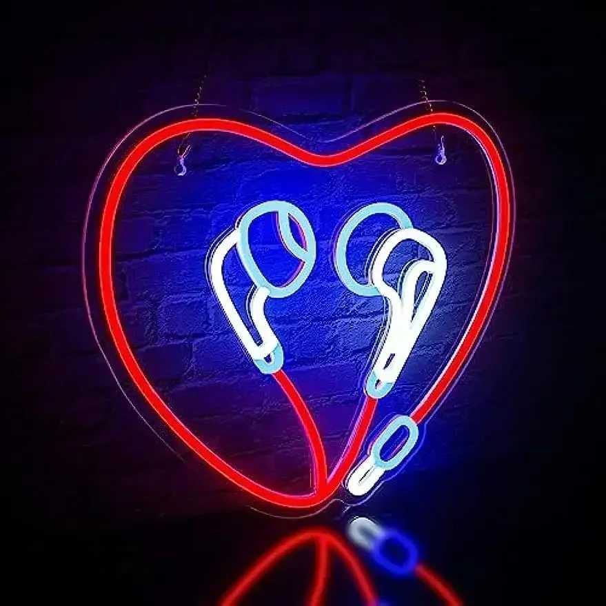 Heart Shaped Headphone Neon Sign LED Neon Light for Wall Decor USB Sign for Bedroom Home Christmas Party Decoration Teens Gift XJ250602