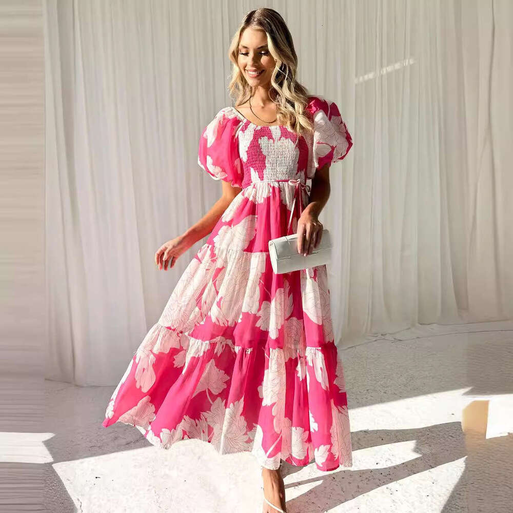 Spring/Summer Elegant Floral Off-Shoulder Puff Sleeve Fashion Dress B5