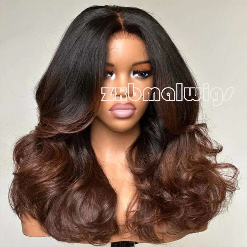 QW Synthetic Hair Lace Front Wig For Women Ombre Brown Body Wave Preplucked Glueless Heat Temperature Daily Cosplay