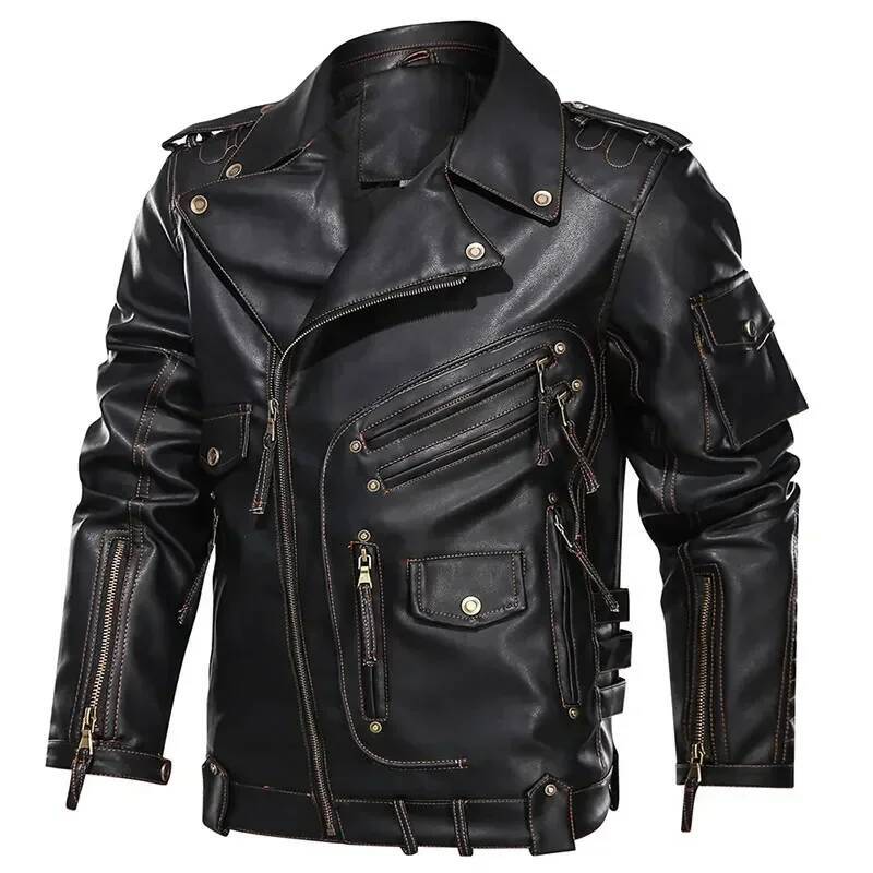 PLUS Size Coats Male Brand Winter Mens Fashion Motorcycle PU Cool Zipper Pockets Leather Jacket