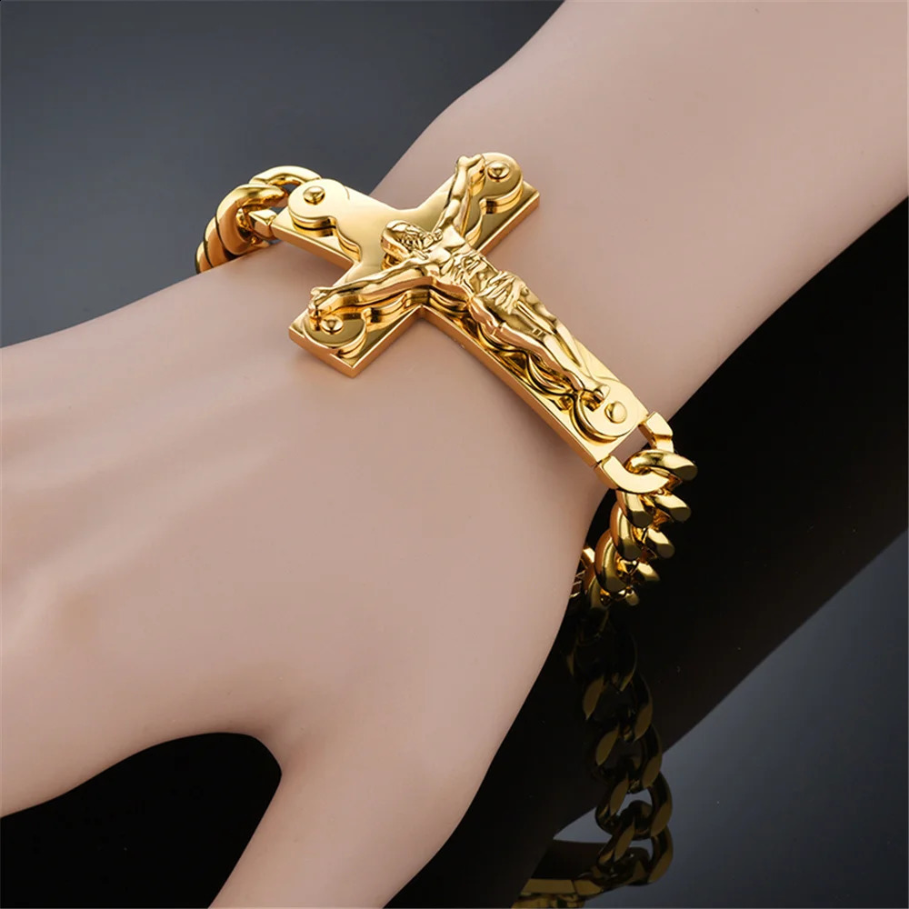 Punk Crucifix Jesus Cross Charm Bracelet Male Gold Color Stainless Steel Cuban Hand Chain For Men Fashion Party Jewelry Gift 250530