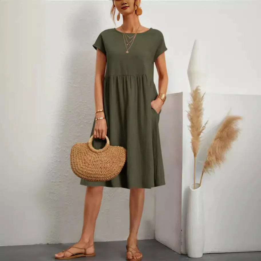 Cotton Linen Dress For Women Summer Casual Splicing Pocket Dresses Vestido Fashion Female Clothing Short Sleeve Loose Midi Dress 250529