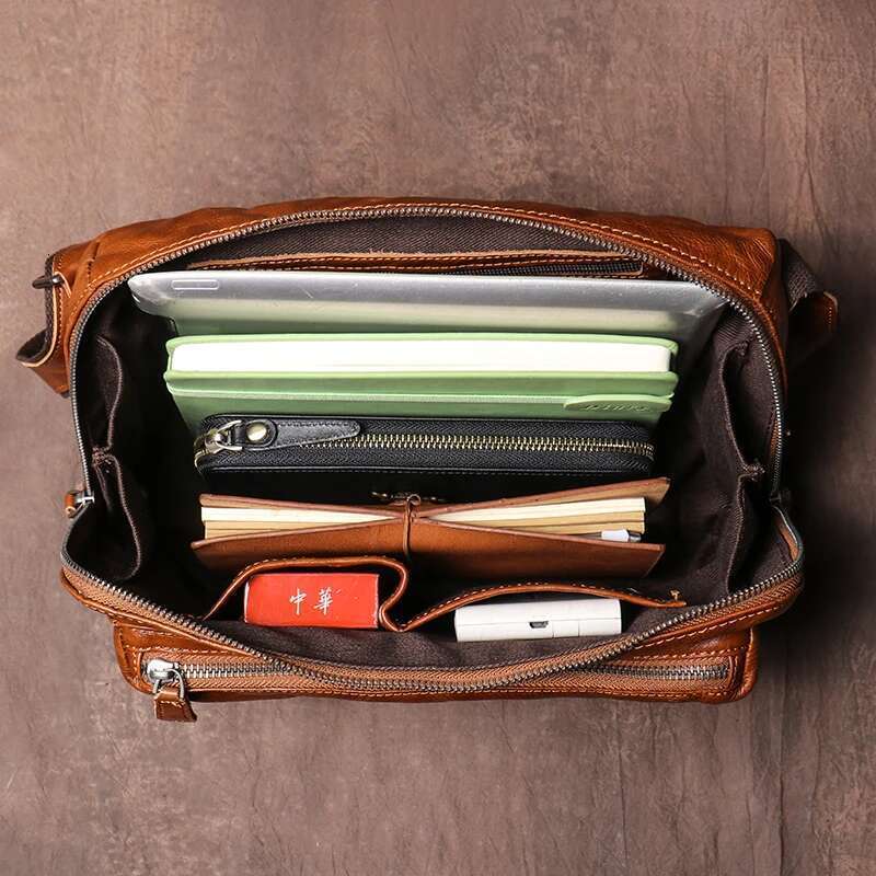 GURO Vintage Trend Shoulder Men Genuine Leather Crossbody Design Sling Top Cowhide Messenger Bag For 11 Inch IPad