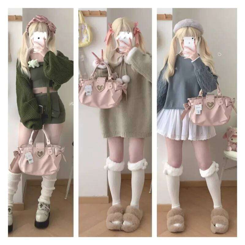 Sweet Bow Lolita Pink Hand Purse Women Haruku Love Heart Soft Crossbody Lady Kawaii Large Capacity Shoulder Bag Female