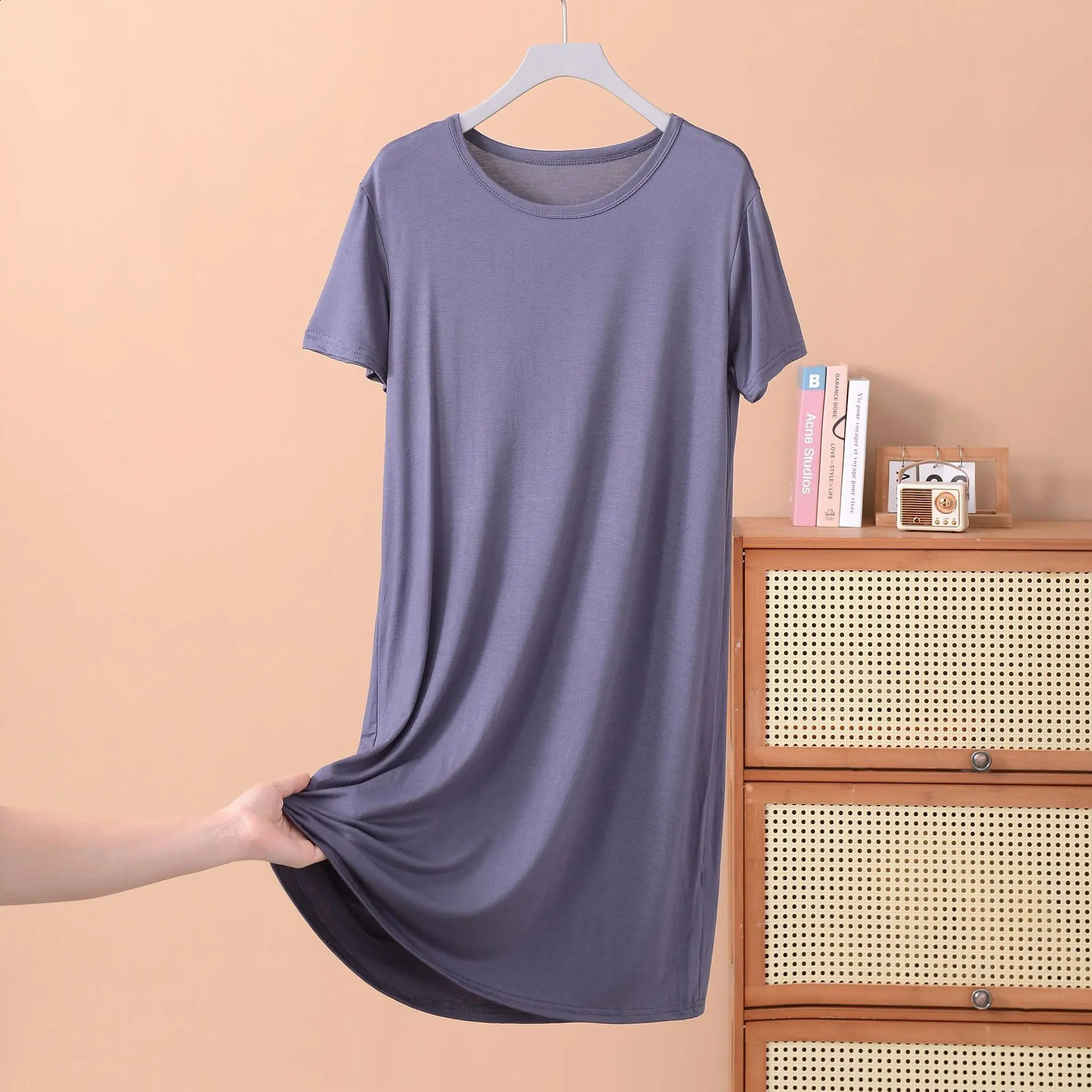 Plus size XL to 8XL Modal dress short sleeves summer womens cool dresses Solid color Bottomed sleepdress midlength homewear 250526