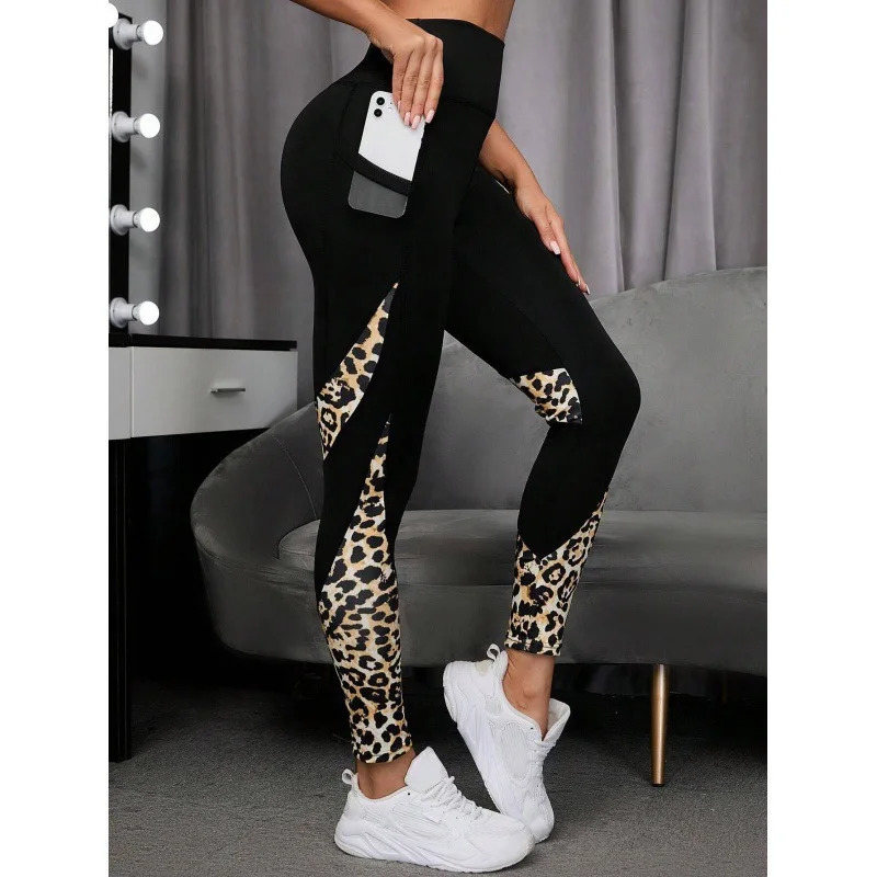 Women Printed Yoga Leggings Leopard Splicing Together Leggings High Waist Butt Lift Fashion Fitness with Pocket Legging 250603