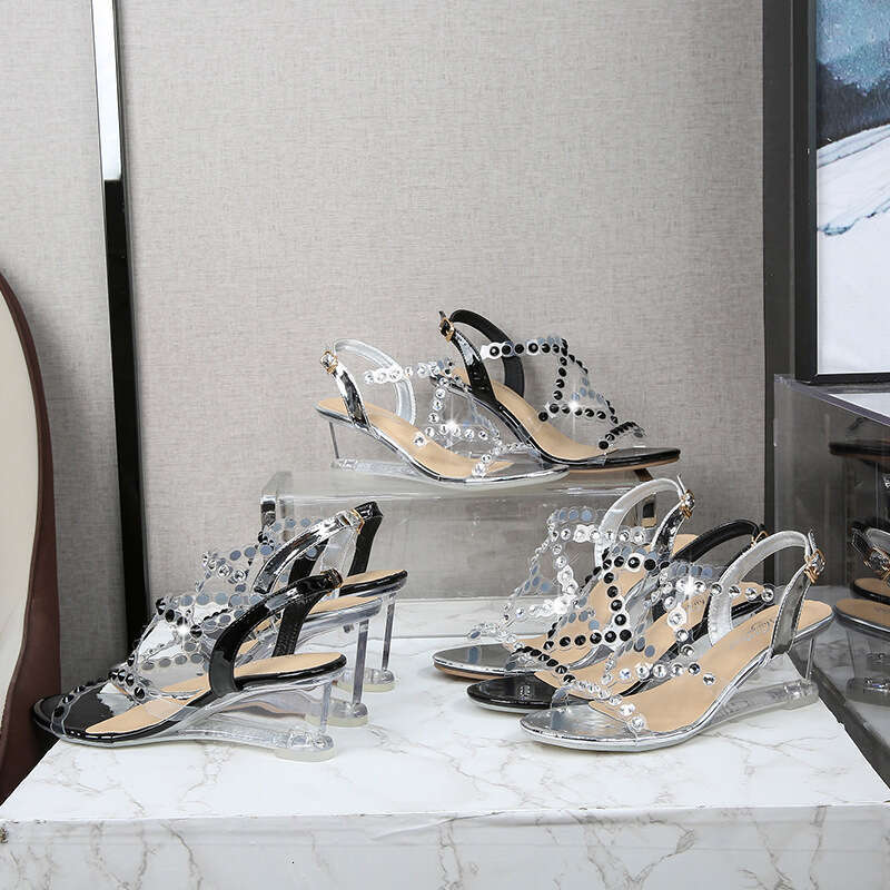 Super High Heels New Korean Style Versatile Summer 6Cm 8Cm Women's Shoes One-Strap Simple Rhinestone Transparent Wedge Sandals Platform High Heel