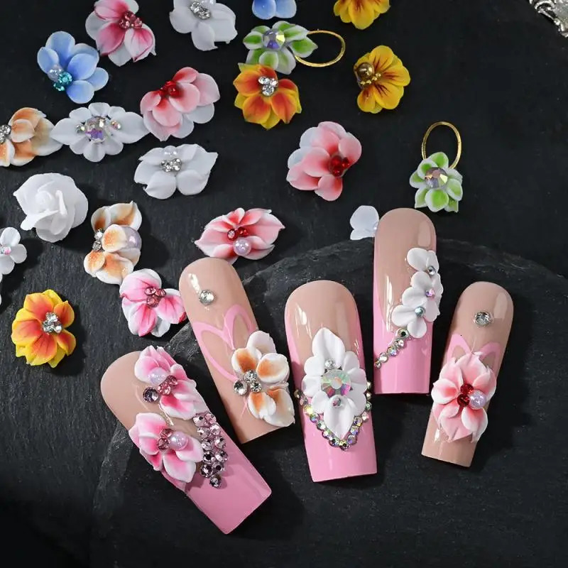 30Pcs 3D Handmade Acrylic Carved Flower Nail Art Charms Pearl Rhinestone Sculpted Floral Jewelry Cherry Blossom Nail Supplies 250528