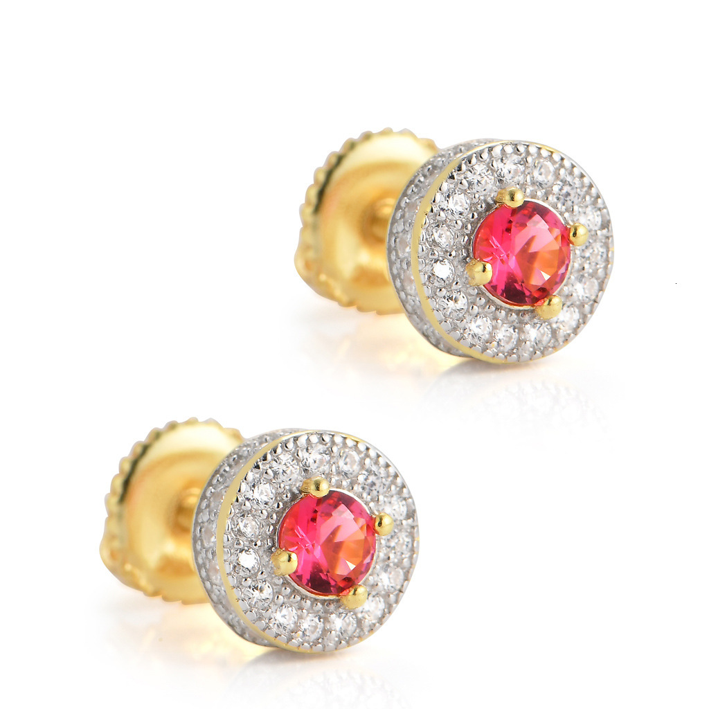 S925 Yintong body pure silver ear nail round micro inlaid blue and red male and female Earrings hip hop Earrings Mozambique earrings