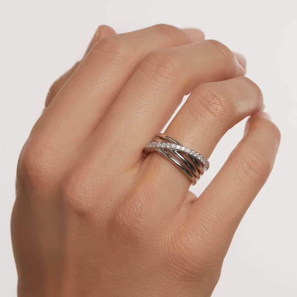 Spanish PD Silver Three-Ring Cross Niche Light Luxury High-End Design Inlaid Diamond Fashion Women's Ring