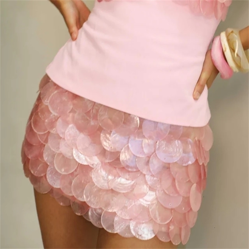 Combhasaki Womens Y2K Chic Glitter Sequined Layered Mermaid Short Mini Skirts Side Zipper High Waist Bodycon A-line Skirts 250519CJ