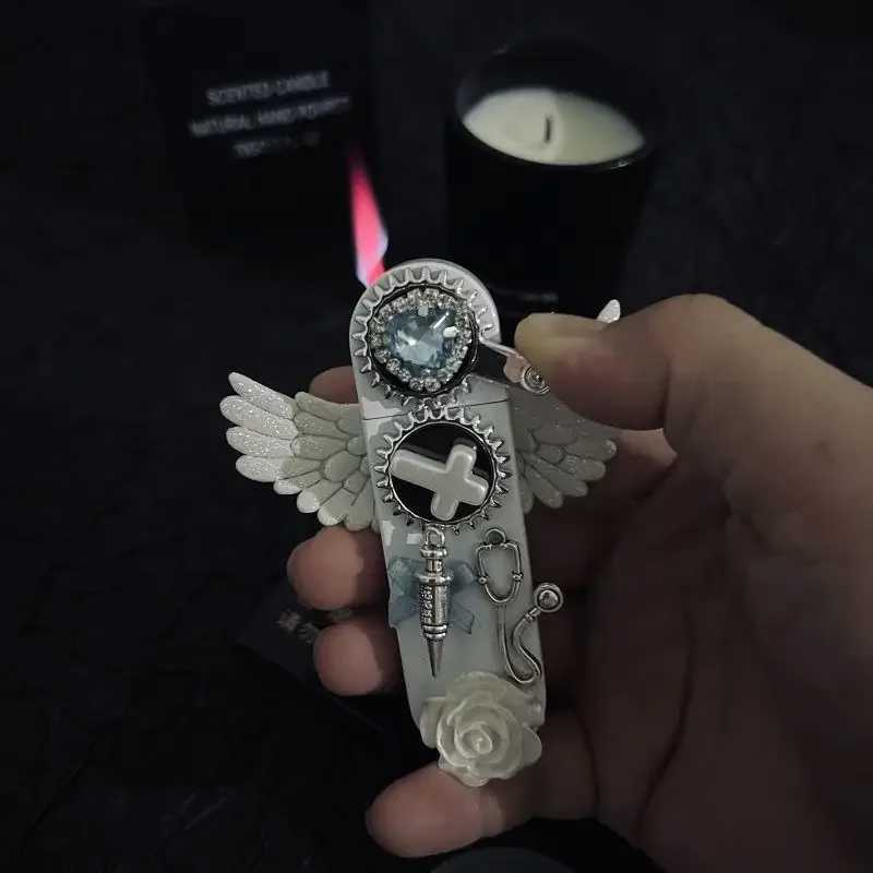 New Angel Wings Pure White Iatable Lighter Windproof Jet Flame Holy Flame Lighter Cigarette Accessories Girl GiftC250603