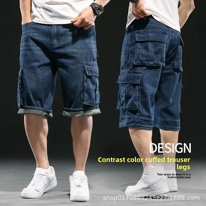 American Style Loose-Fit Denim Shorts With Multiple Pockets For Men Wide-Leg Casual Hip Hop Pants Plus Size Camouflage Edge Trim 250530