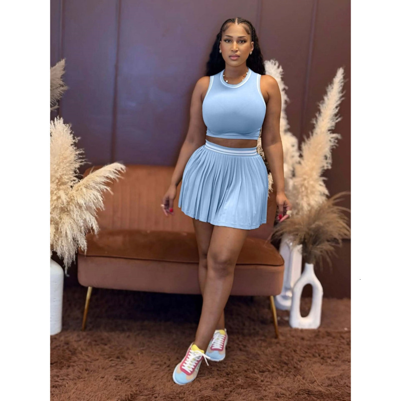 Womens Two Pieces Dress Set 2025 New Fashion Sleeveless Short Vest Casual Pleated Skirt Set 6 Colors