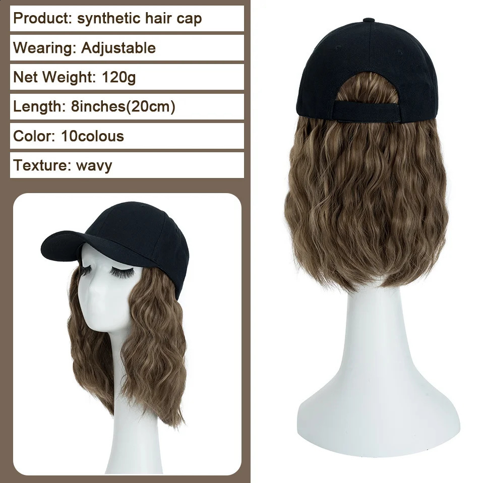 Benehair Hat Wig for Women 8 Inches Wave Baseball Cap Wig with Curly Hair Extensions Wig Synthetic Wave Wig Hat Adjustable Brown 250530