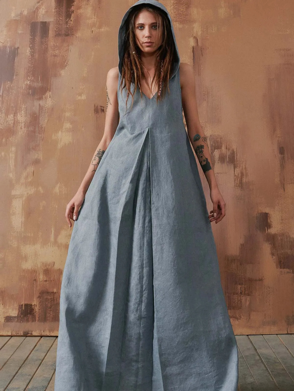 Long Dresses for Women Casual Loose Summer Sleeveless Dresses Vintage Linen Front Pleat Maxi Dress with Hooded Pleated Vestidos 250529