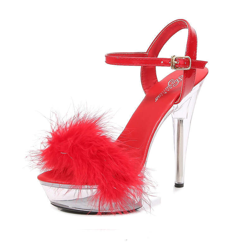Super High Heels Transparent Crystal Women's Furry Nightclub Super High Sandals Waterproof Platform Catwalk Thin Heel 13Cm 15Cm Stage Shoes Platf