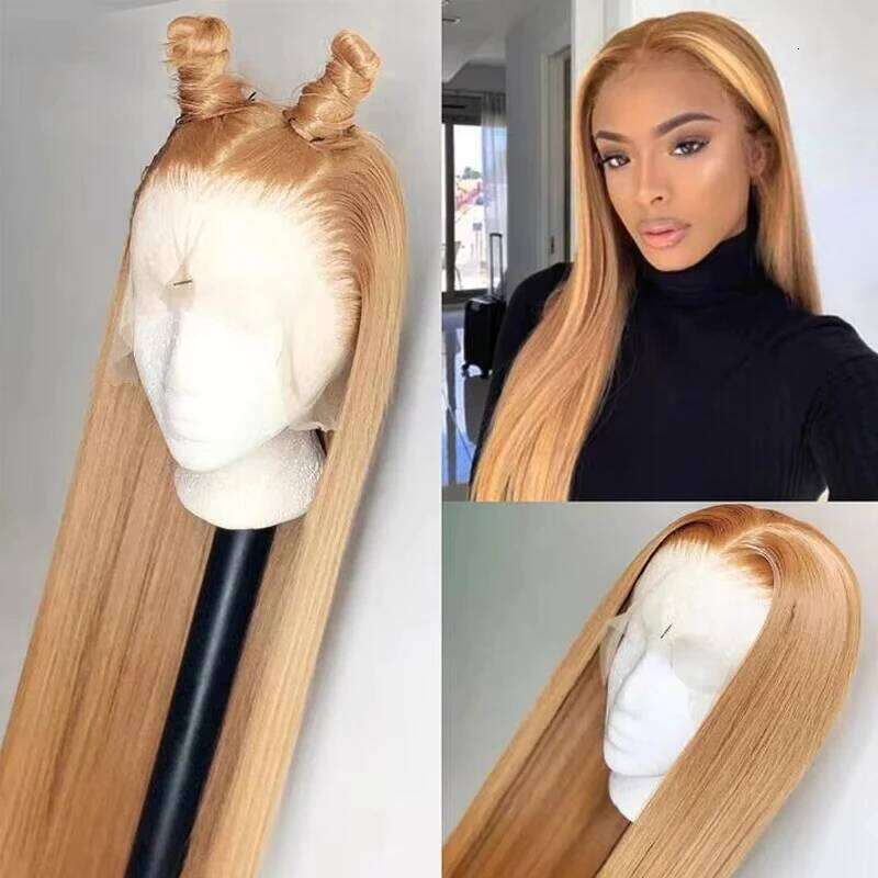 Bone Straight 13x6 HD Transparent Lace Front Human Hair Wigs #27 Honey Blonde Colored Wig