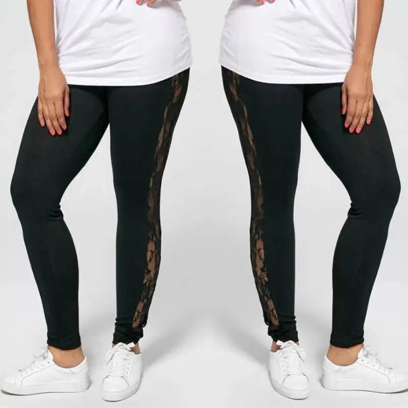 Womens Sexy Leggings Floral Lace Pants Side Sheer Black Leggings Slim Stretch Sexy Trousers Size L-3XL 250603