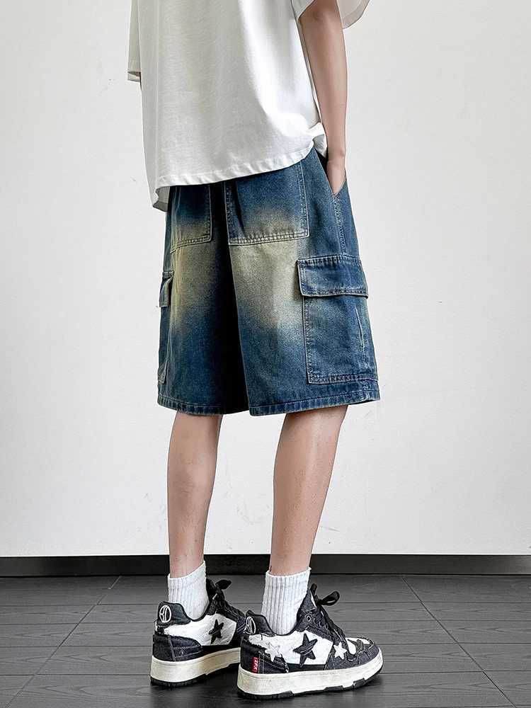 Summer Denim Shorts Men Korean Fashion Wide Leg Straight Jean Shorts Male Multi-Pocket Loose Fit Denim Cargo Shorts T250603
