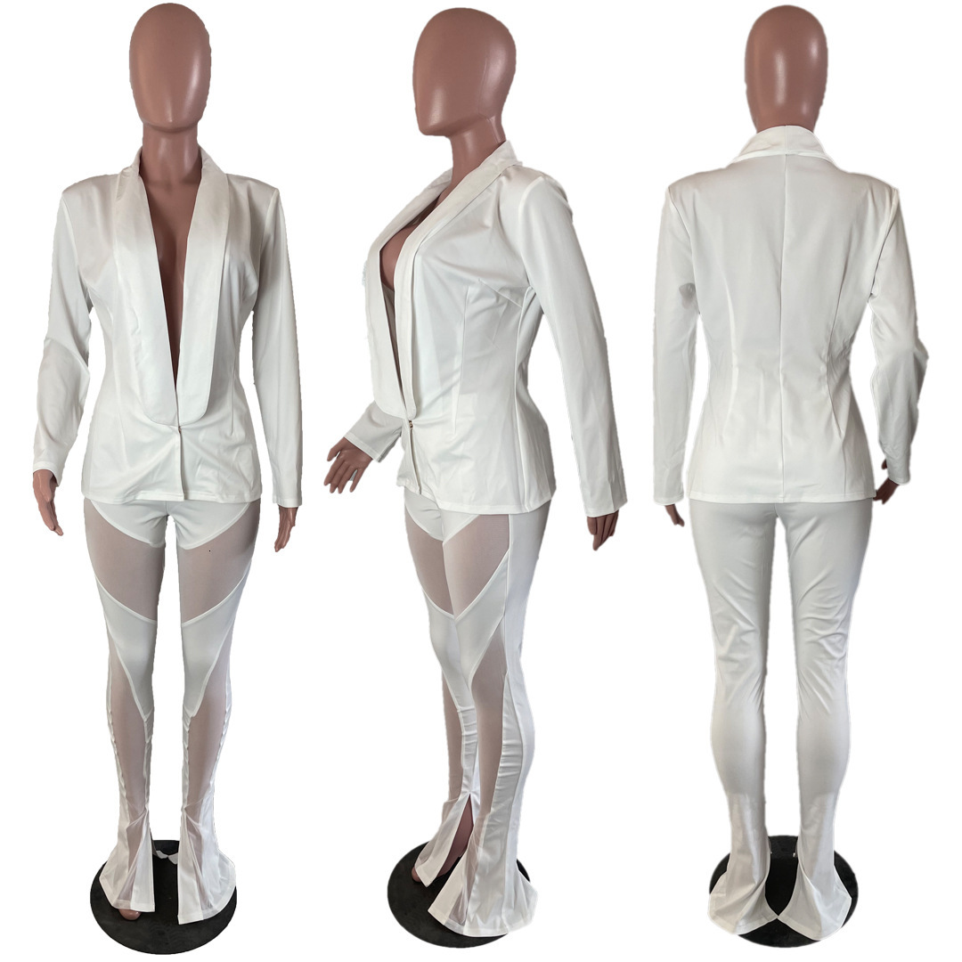 women's wear 8409 Women's Fashion Solid Color Blazer with Mesh Patchwork and Tie