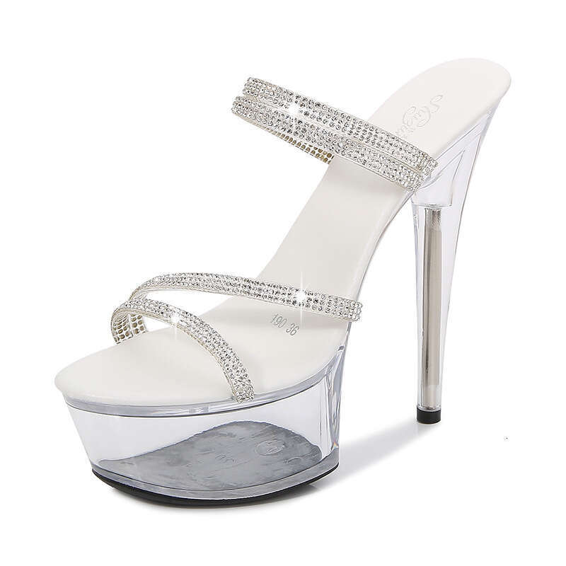 Super High Heels Sexy High Heels 13Cm 15Cm Rhinestone Strap Two-Way Thin Heel Waterproof Platform Sandals Transparent Crystal Wedding Shoes Platform H