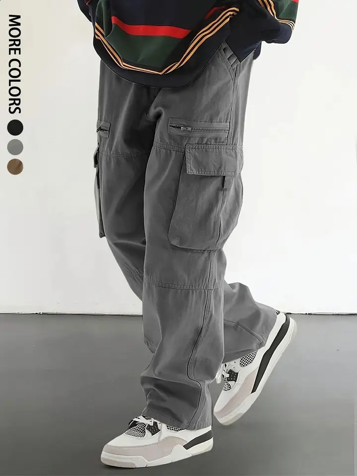 Mens Regular Plain Outdoor Overalls with Drawstrings and Large Flap Pocket Pants Personalized Zipper Suitable for Holiday Street Daily Leisure Mountai