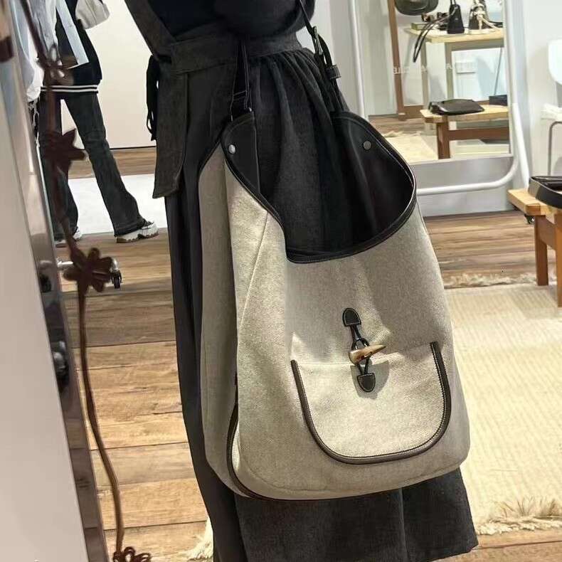 New Trendy Fashion Versatile Canvas Color Block Design Commuter Single Shoulder Tote Casual Bag