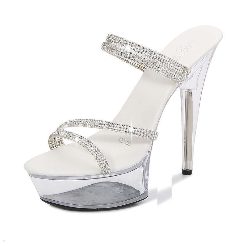 Super High Heels Sexy High Heels 13Cm 15Cm Rhinestone Strap Two-Way Thin Heel Waterproof Platform Sandals Transparent Crystal Wedding Shoes Platform H