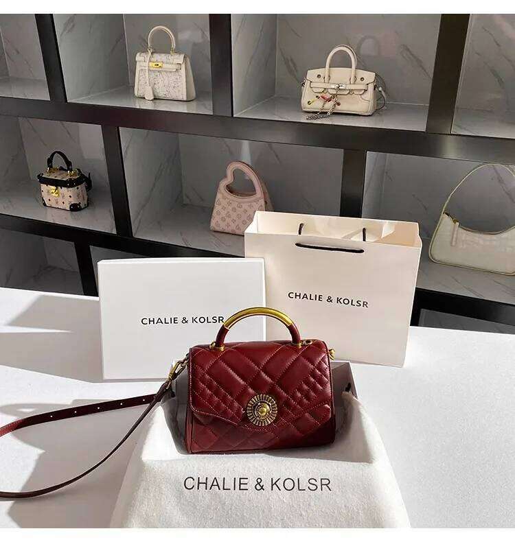 High Quality Textured Leather Square Fashion Dia Lattice Red Casual Women Handbag Lady Purse Shoulder Messenger Bag