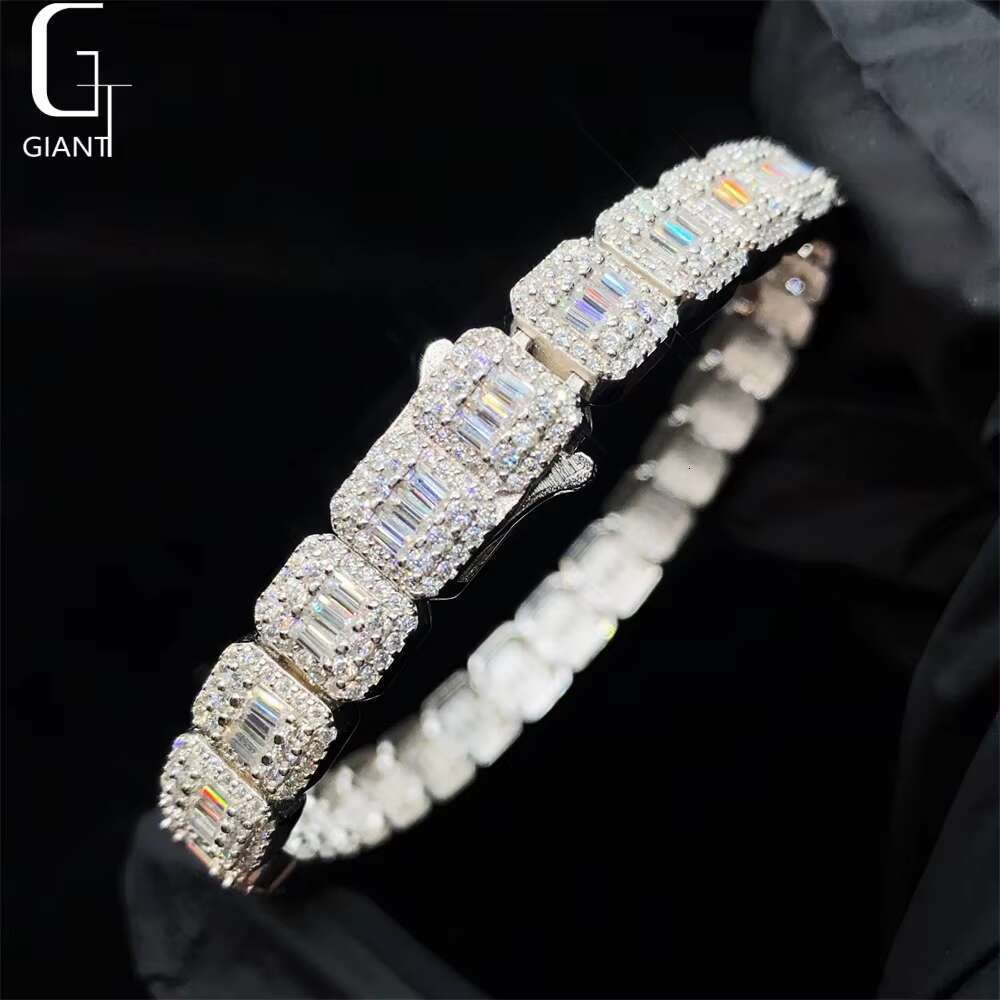 Spring Buckle VVS Moissanite Cuban Bracelet Iced Out Jewelry 9MM Baguette Cut Diamond Cuban Link Men Hip Hop Silver Bracelet
