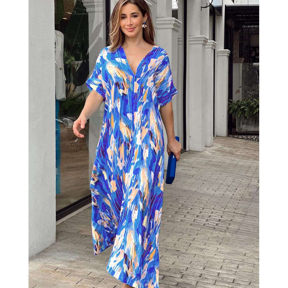 Summer New High-Waisted Fashion Printed Commuter Elegant Short-Sleeve Long Dress For Women B5