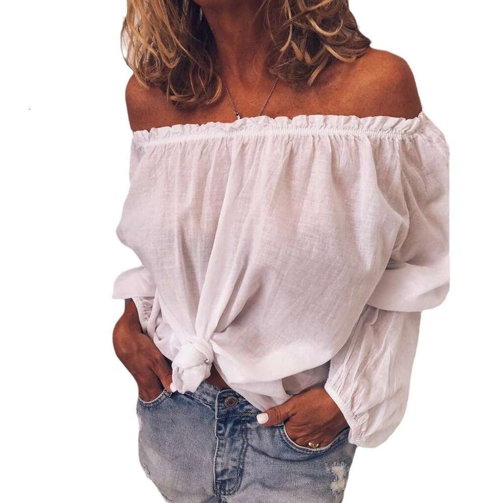 Autumn Winter Off-Shoulder Elastic Pleated Cotton Linen Solid Color Long Sleeve Women's Shirt B5
