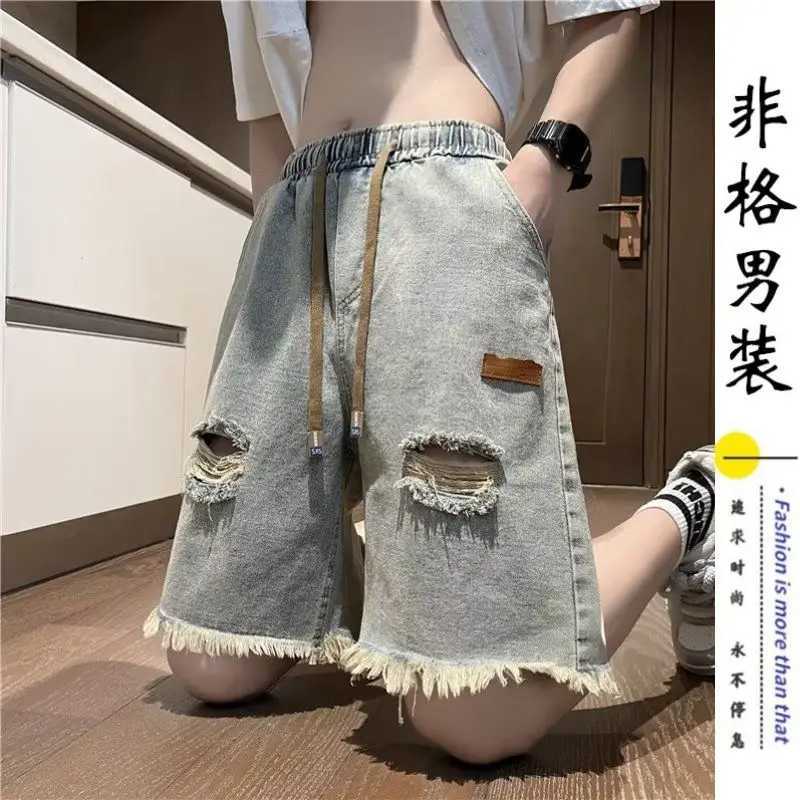 Ripped Denim Shorts Mens Breasted Five-point Design Sense High Street Beggar Medium Pants T250603
