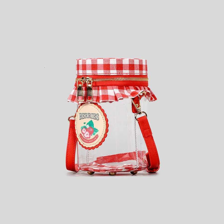 Cute sweet strawberry jam jar design crossbody bag for women funny transparent pvc shoulder bags creative novelty small purses