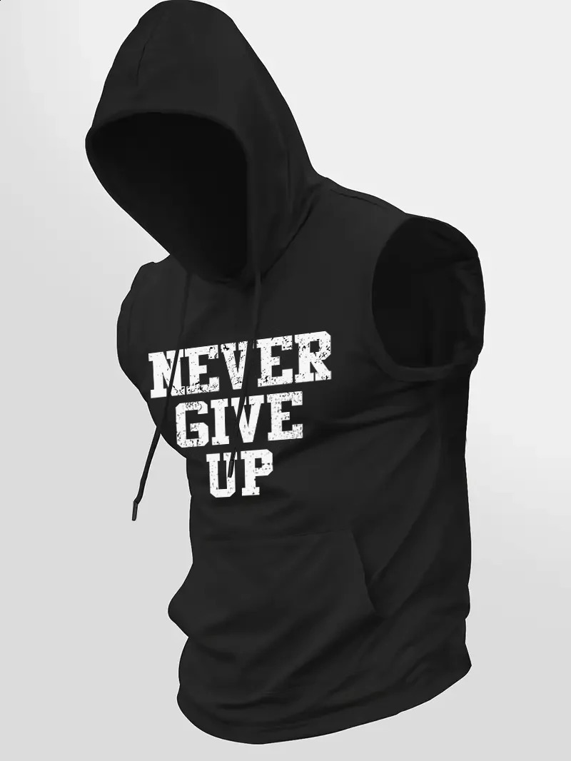 Mens Sleeveless Hooded Vest with the Inspiring Never Give Up Personalized Print Summer Letter n Exuding Street S 250527