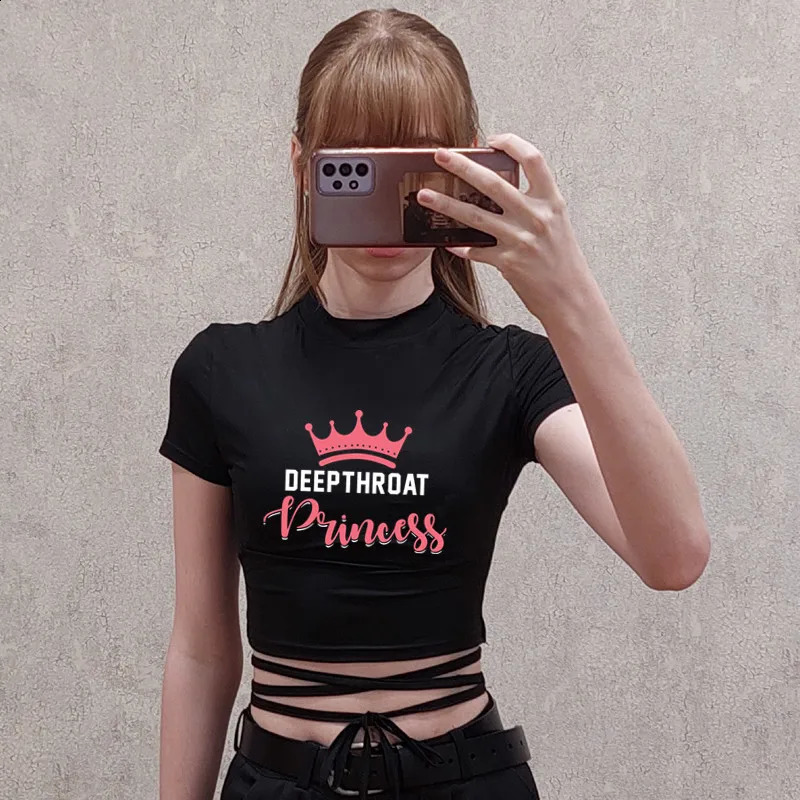 Deepthroat Princess Women Crop Top Black Short Bandage Tee Tops Girls Sexy TShirt Harajuku High Elasticity Tight Short Sleeves 250521