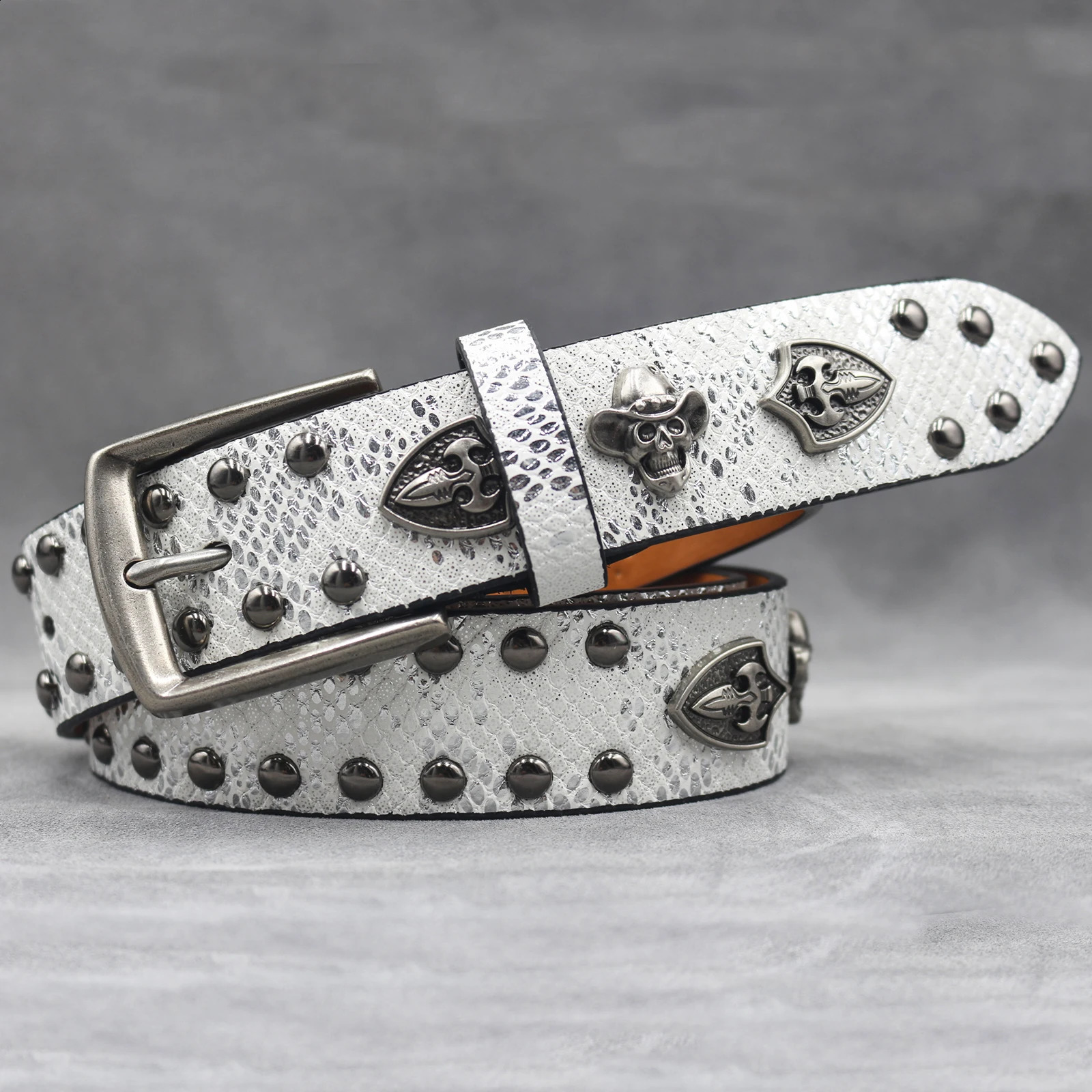 Rivet belt Skull and Trouser Belt Punk Cool Metal Buckle Adjustable Leather Fashion Thin Waistband for Jeans Dress 250526