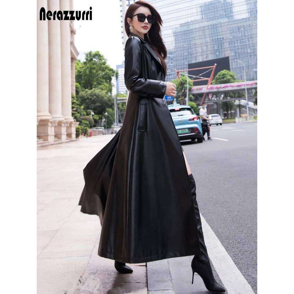 Nerazzurri Maxi fit and flare leather trench coat for 2021 spring Long designer clothing women long sleeve lapel