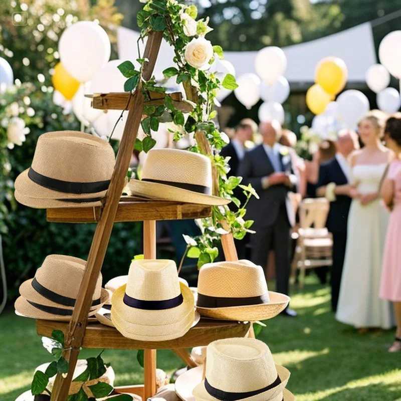 58/60cm Wedding Straw Fedora Hat for Men Women Trilby Hat Short Brim Panama Hat Beach Havana Party Favors Big Head Gentleman Cap W250602