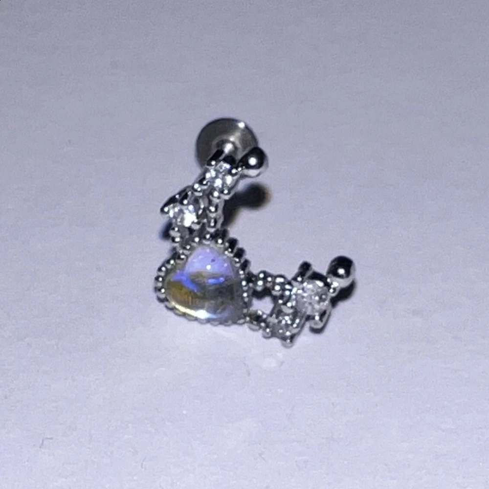 1pc Zircon Heart Moon Shape Labret Piercing Stainless Steel Lip Stud For Girls Silver Color Y2K Accessory Cartilage Jewelry Gift 250530